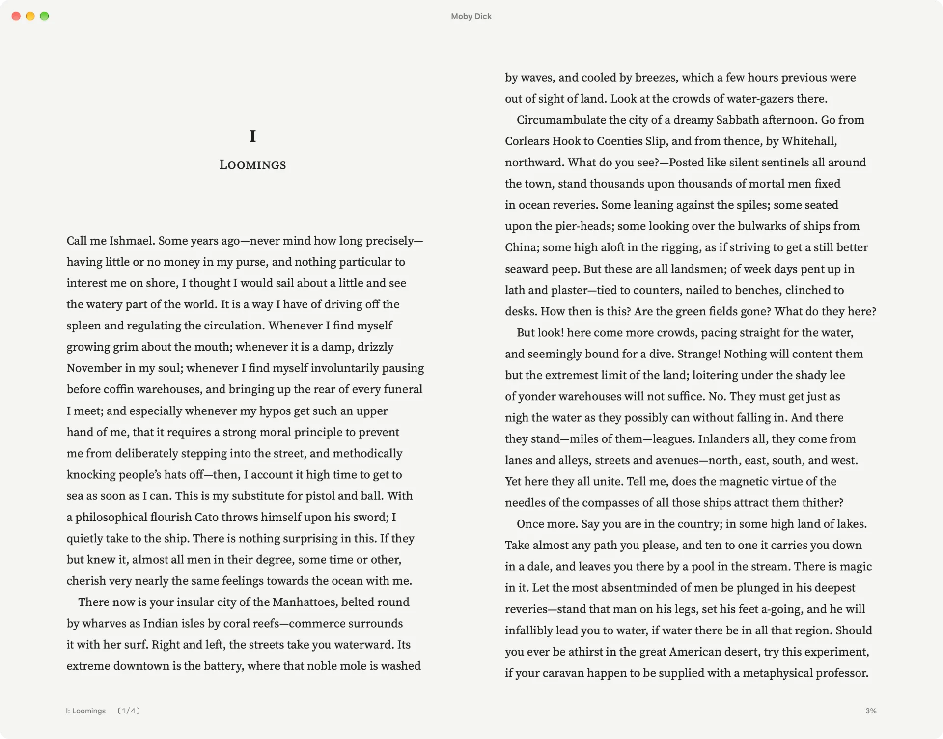 Moby Dick open in Leaf's EPUB reader, with the Loomings chapter laid out in two columns.