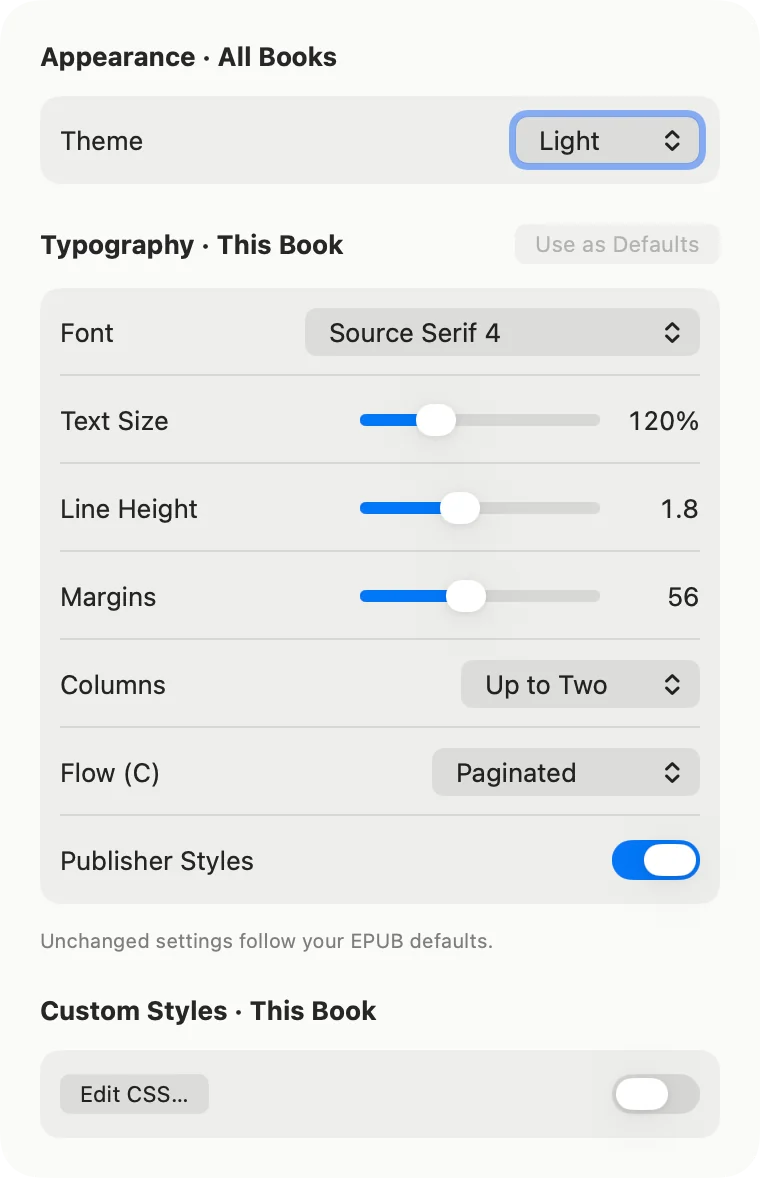 EPUB reading settings showing theme, font, text size, line height, margins, columns, page flow, and custom styles.