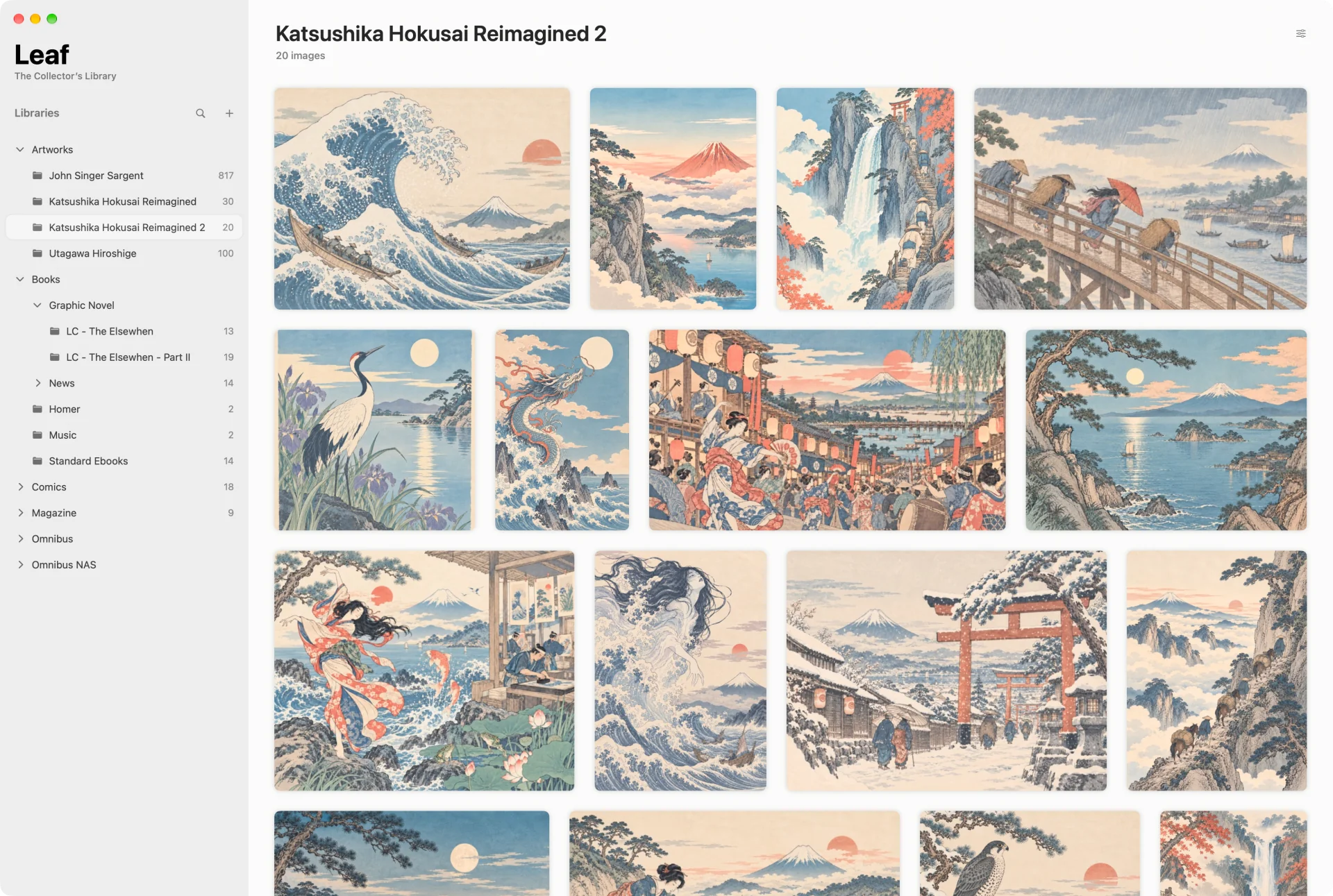 Utagawa Hiroshige artwork collection in Leaf, with landscape and portrait prints arranged in a visual grid.