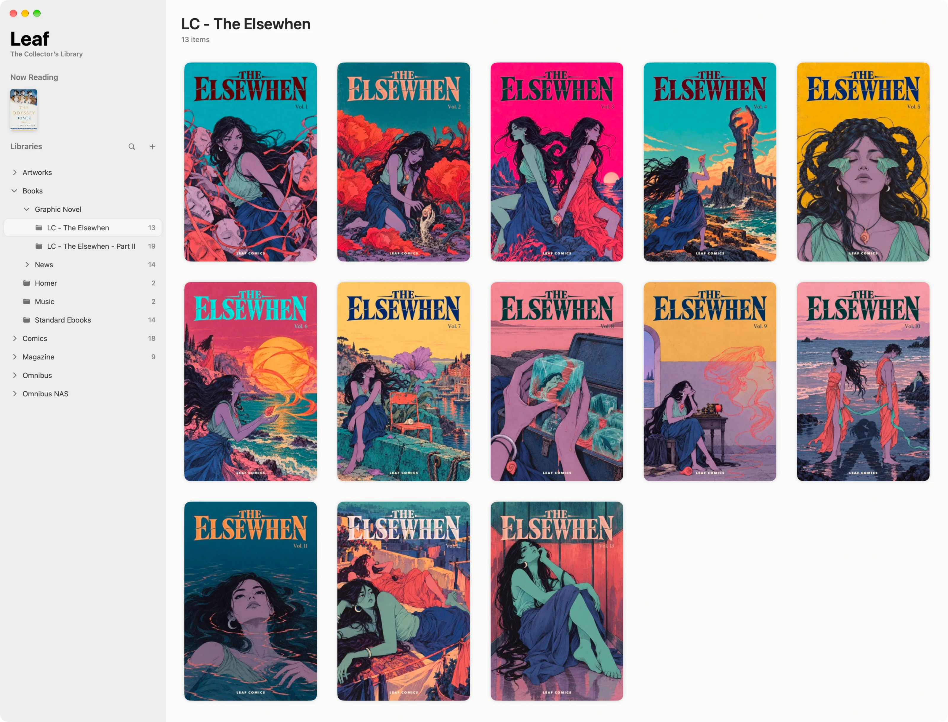 Leaf library with a folder sidebar and a visual grid of collection covers.